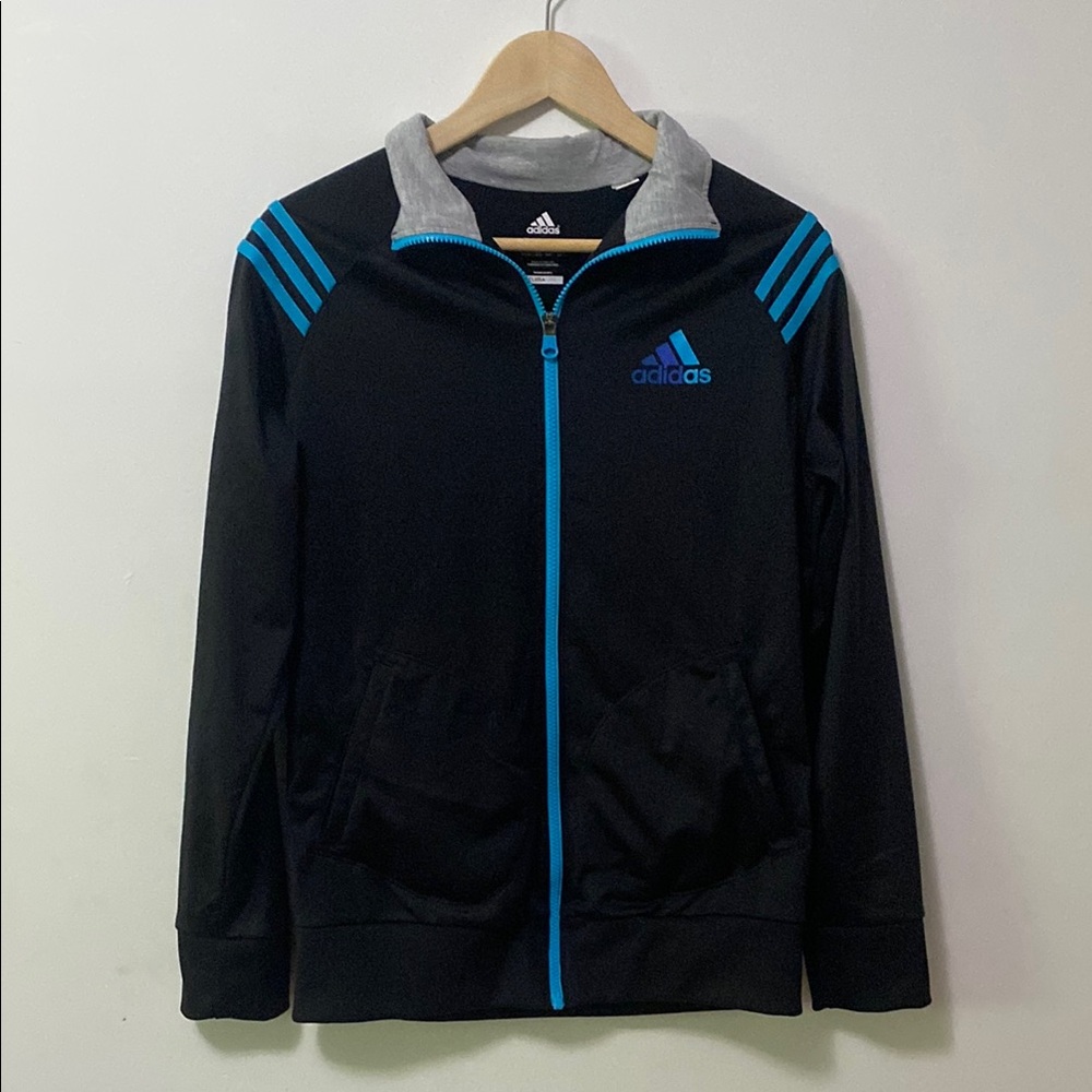 Adidas Black and Blue Track Jacket with Stand-Up Collar